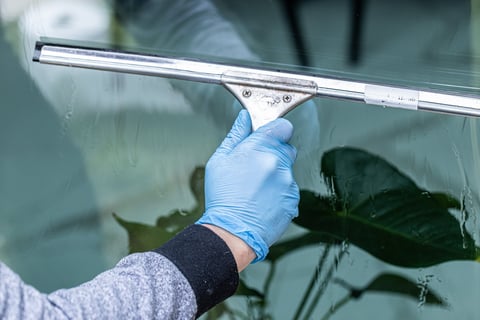 Professional cleaning worker washing double-glazed windows with squeegee