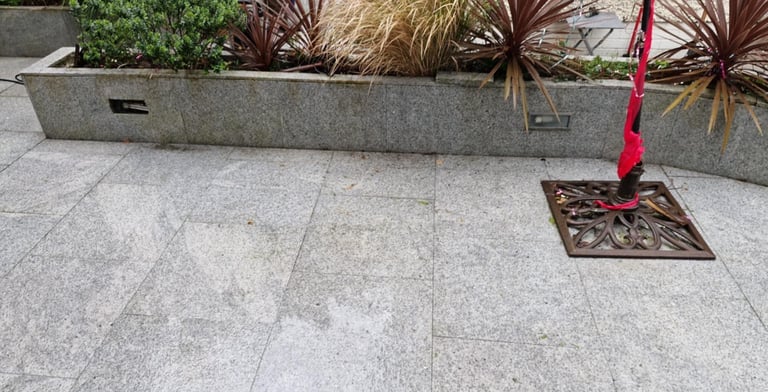 Modern patio with gray stone pavers, concrete planter with ornamental grasses, and a tree grate with red support stake