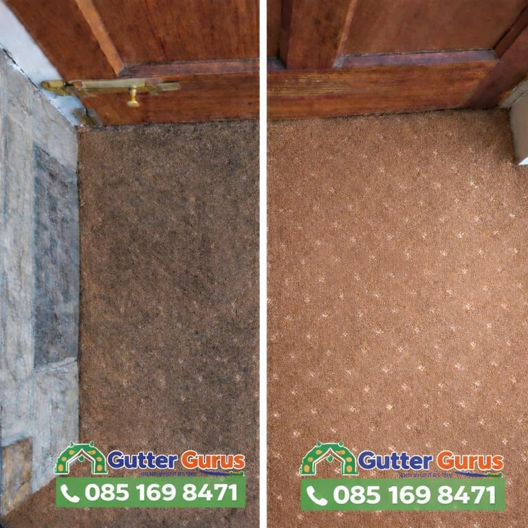 Before and after comparison of gutter cleaning service showing dirty stained carpet transformed to clean carpet with wooden ceiling visible