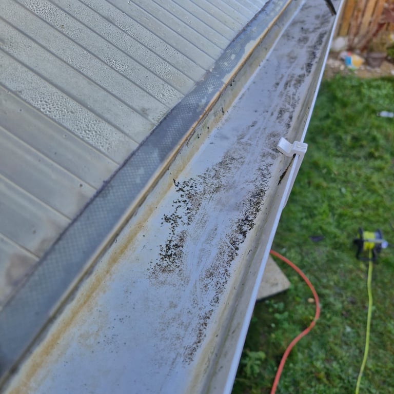 Close-up of a dirty gutter filled with debris and sediment, with garden hose visible below and green grass in background