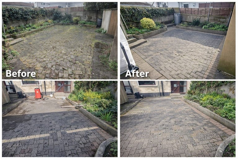 Before and after comparison of patio renovation showing overgrown garden transformed into clean paved outdoor space