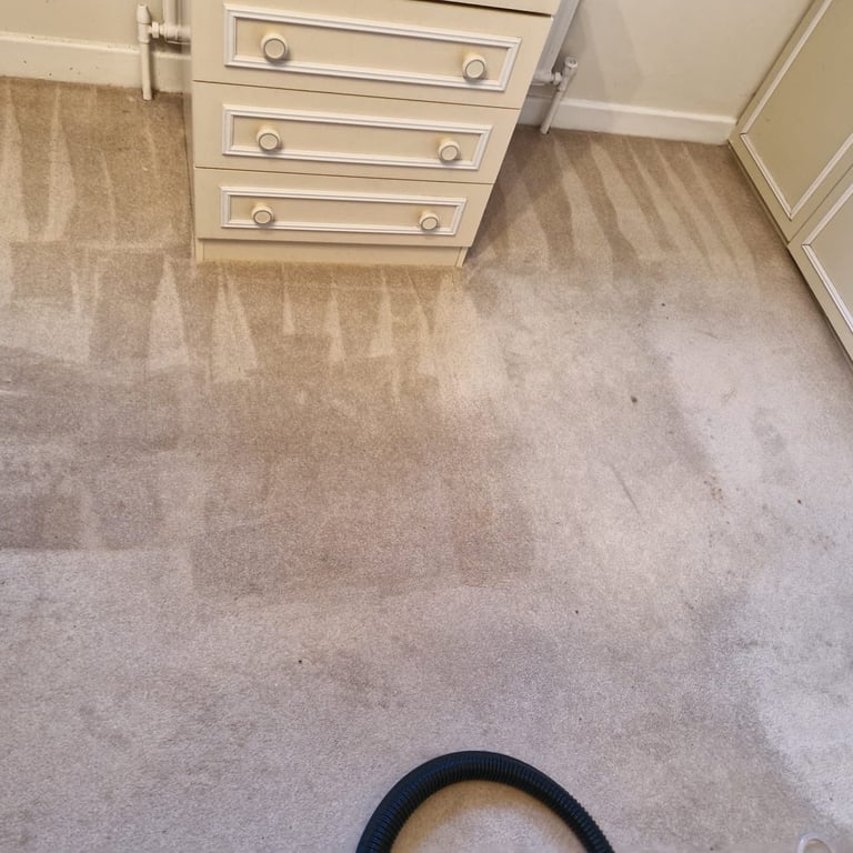 Beige carpet with water stains and a vacuum hose visible, cream colored dresser with three drawers in background
