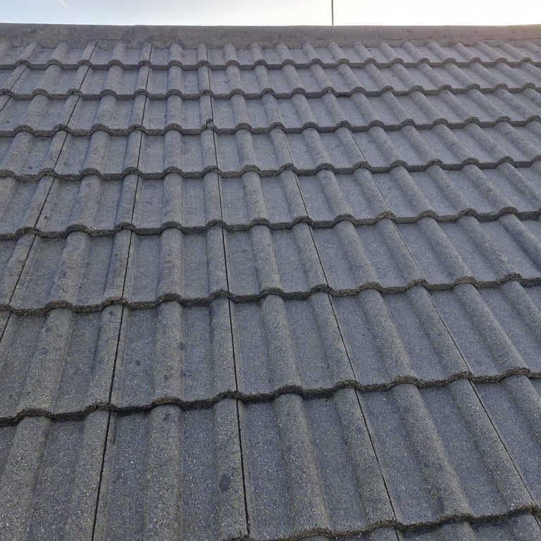 Gray interlocking roof tiles arranged in overlapping rows, showing architectural detail of a shingled roof