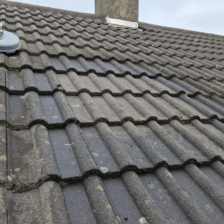 Close-up of a gray tiled roof with overlapping curved shingles and a concrete chimney visible at the top
