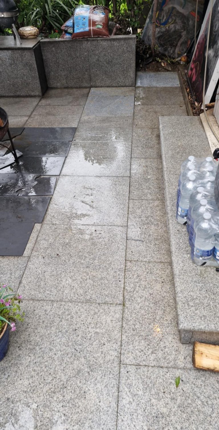 Wet concrete patio with gray tiles, water bottles on right, storage bench with items, and overgrown plants in background