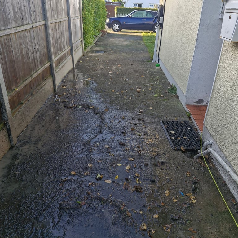 Narrow wet driveway between wooden and concrete walls with blue car visible in background