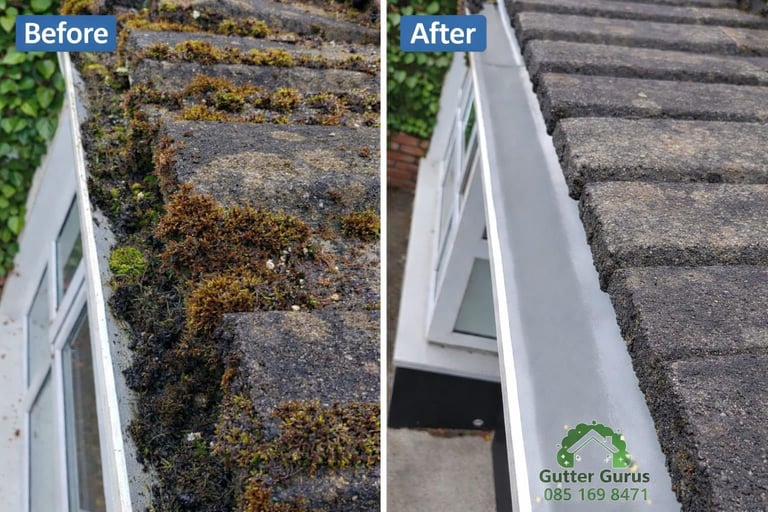 Before and after comparison of gutter cleaning service showing dirty moss-covered gutter transformed to clean gutter by Gutter Gurus